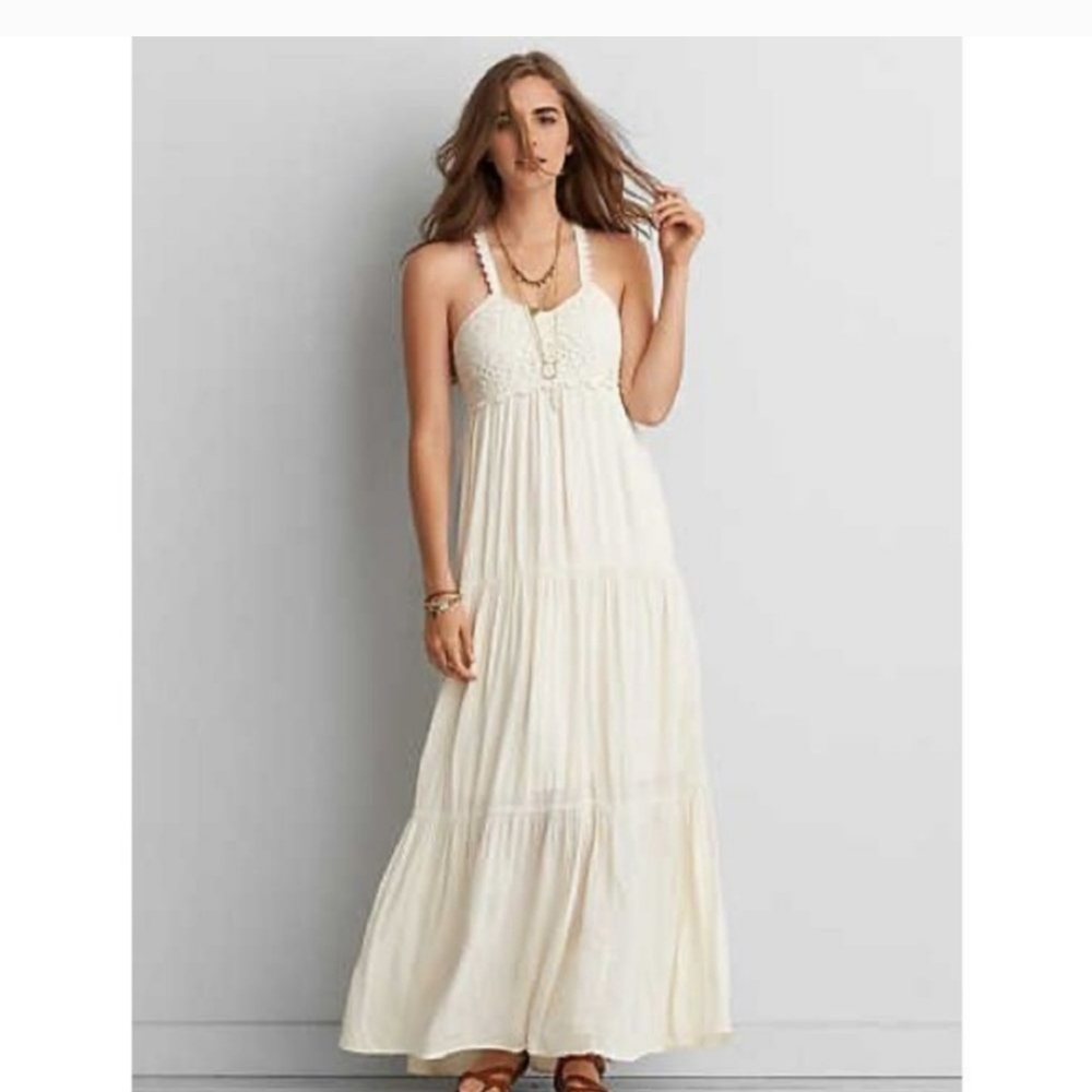 American Eagle Cream Crochet Tiered Maxi Dress